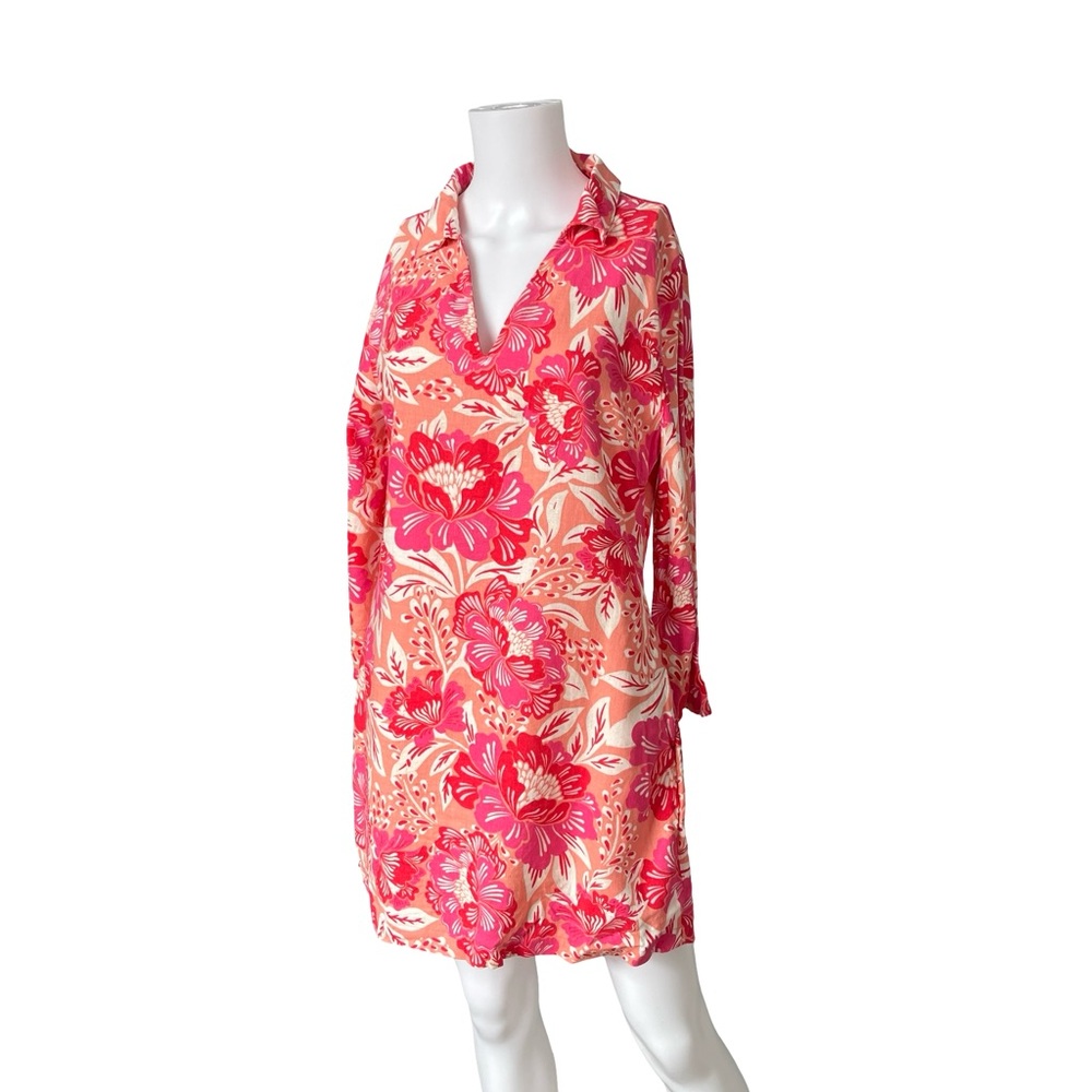 Sigrid Olsen Colorful Dress Long Sleeve V Neck Pink Floral Linen Womens Size 6